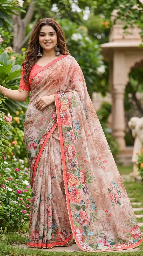 Warm_Peach_Floral_Georgette_Saree_With_Heavy_Border_&_Blouse_Piece
