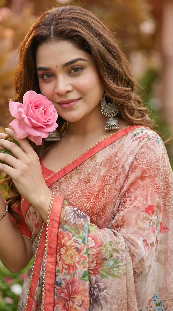 Warm_Peach_Floral_Georgette_Saree_With_Heavy_Border_&_Blouse_Piece
