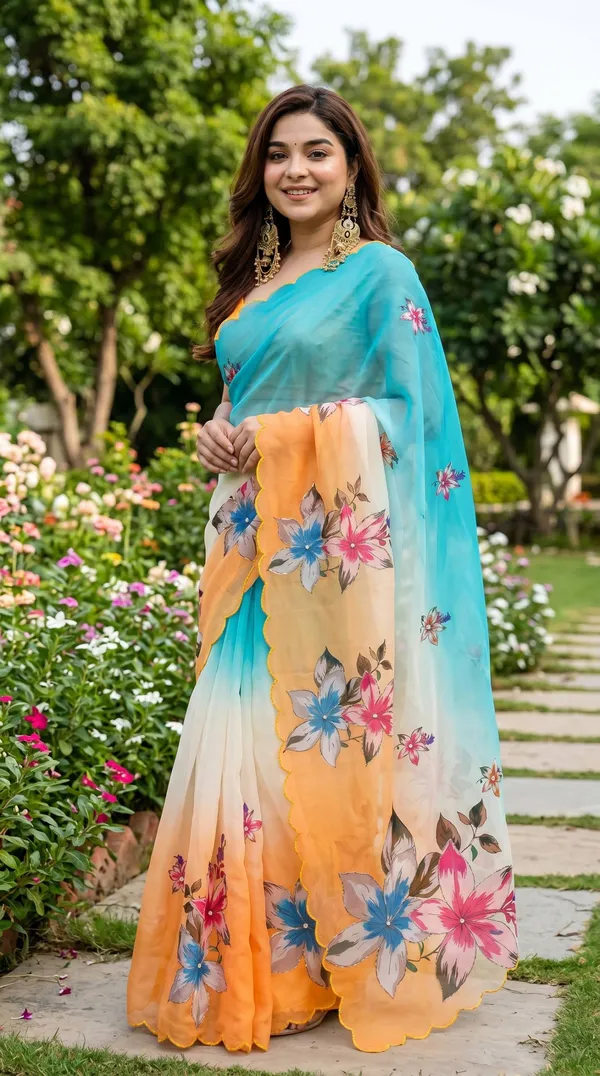 Light_Blue_And_Orange_Gradient_Floral_Georgette_Saree_With_Delicate_Hand_Work_&_Blouse_Piece