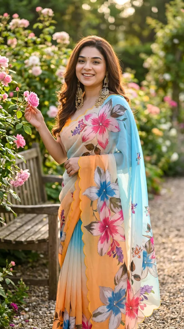 Light_Blue_And_Orange_Gradient_Floral_Georgette_Saree_With_Delicate_Hand_Work_&_Blouse_Piece