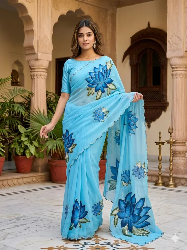 Sky_Blue_Georgette_Saree_With_Delicate_Hand_Work_&_Blouse_Piece