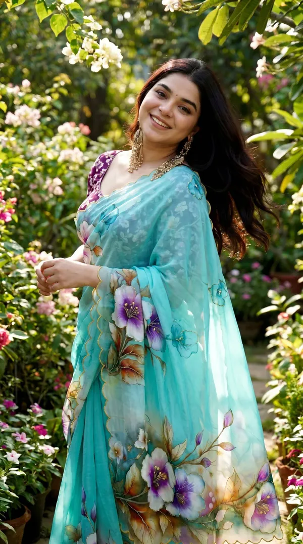 Sea_Green_Floral_Georgette_Saree_With_Delicate_Hand_Work_&_Blouse_Piece