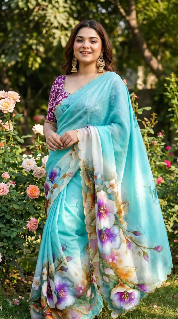 Sea_Green_Floral_Georgette_Saree_With_Delicate_Hand_Work_&_Blouse_Piece