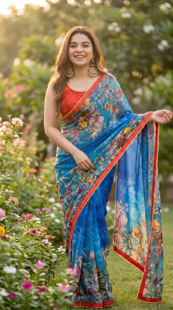 Royal_Blue_And_Orange_Floral_Georgette_Saree_With_Golden_Border_&_Blouse_Piece