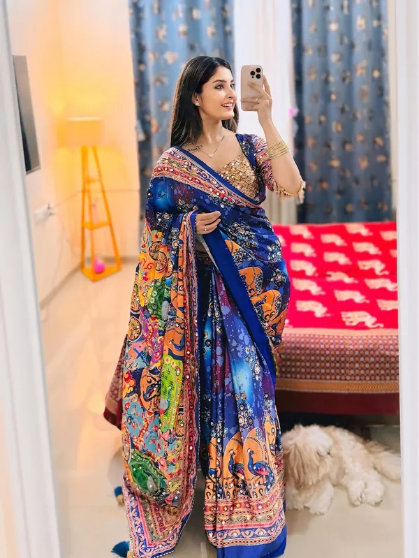 Kalamkari_Chinon_Silk_Saree_With_Mirror_Work_&_Blouse_Piece