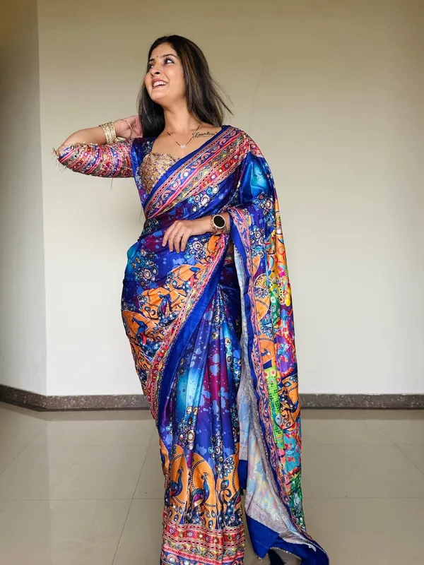 Kalamkari_Chinon_Silk_Saree_With_Mirror_Work_&_Blouse_Piece