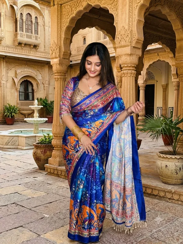 Kalamkari_Chinon_Silk_Saree_With_Mirror_Work_&_Blouse_Piece