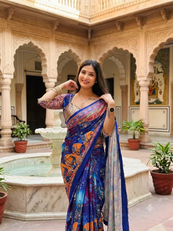 Kalamkari_Chinon_Silk_Saree_With_Mirror_Work_&_Blouse_Piece
