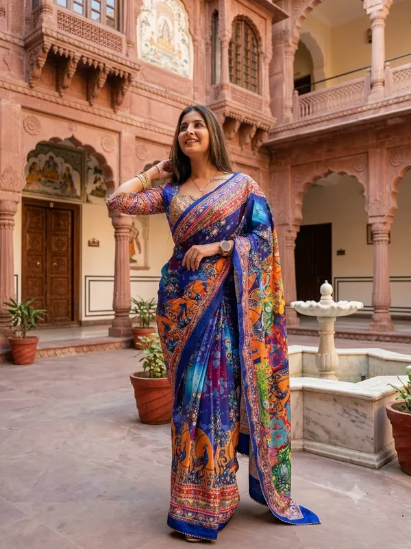Kalamkari_Chinon_Silk_Saree_With_Mirror_Work_&_Blouse_Piece