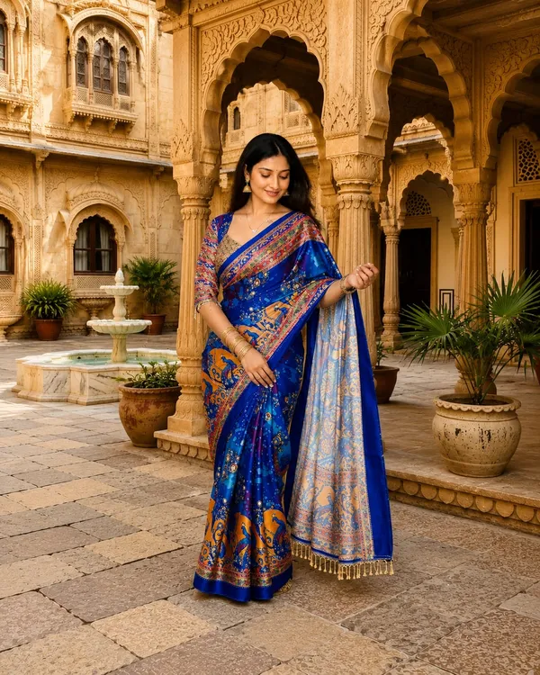 Kalamkari_Chinon_Silk_Saree_With_Mirror_Work_&_Blouse_Piece