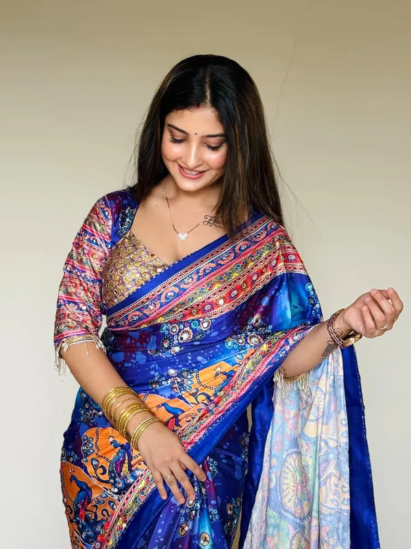 Kalamkari_Chinon_Silk_Saree_With_Mirror_Work_&_Blouse_Piece