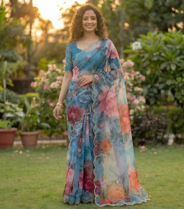 Ocean_Blue_Georgette_Floral_Print_Hand_Work_Saree_With_Heavy_Border_&_Blouse_Piece