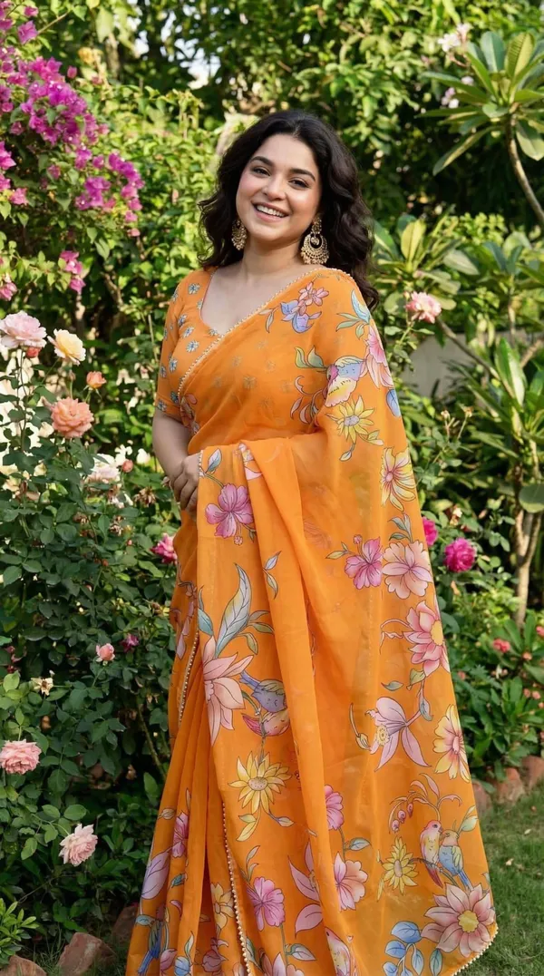 Orange_Floral_Georgette_Saree_With_Heavy_Border_&_Blouse_Piece