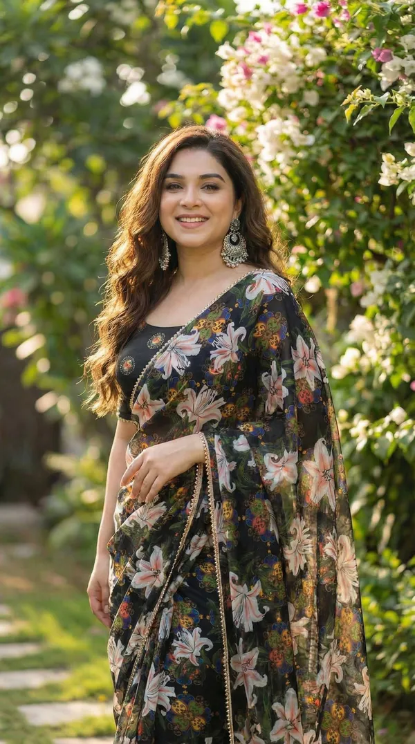 Charcoal_Black_Floral_Georgette_Saree_With_Heavy_Border_&_Blouse_Piece