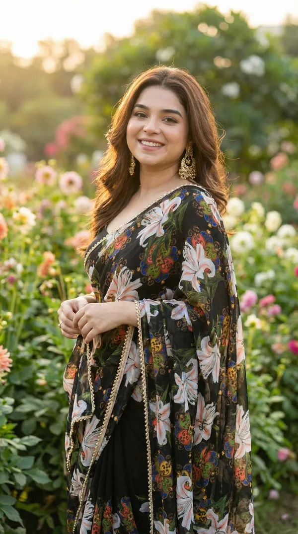 Charcoal_Black_Floral_Georgette_Saree_With_Heavy_Border_&_Blouse_Piece