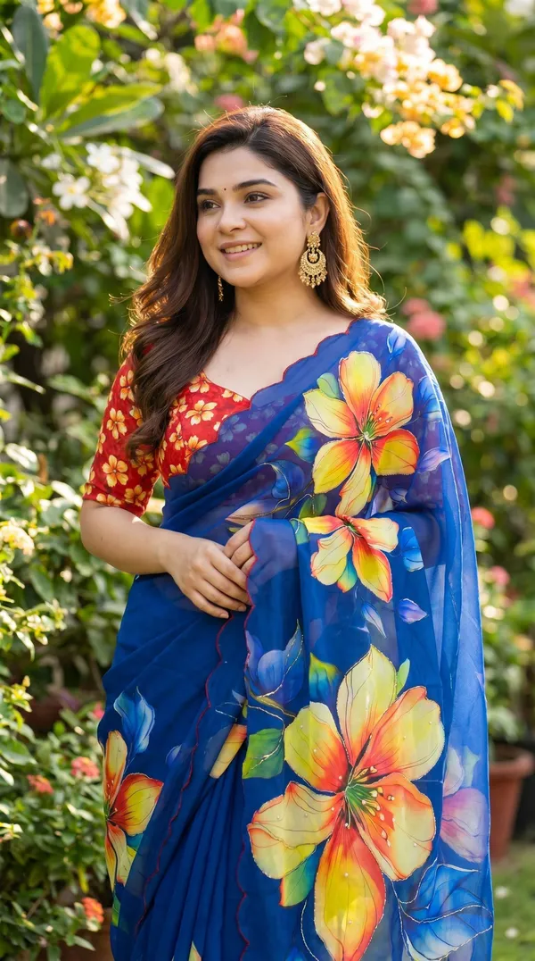 Royal_Blue_Floral_Georgette_Saree_With_Delicate_Hand_Work_&_Blouse_Piece