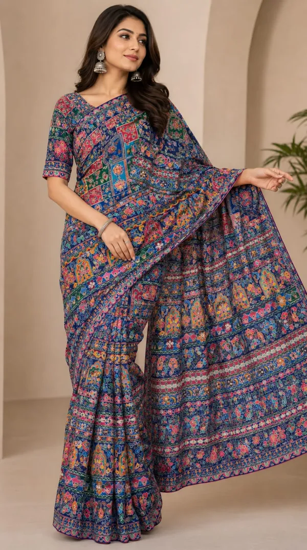 Chitrakala_Chinon_Silk_Saree_With_Mirror_Work_&_Blouse_Piece
