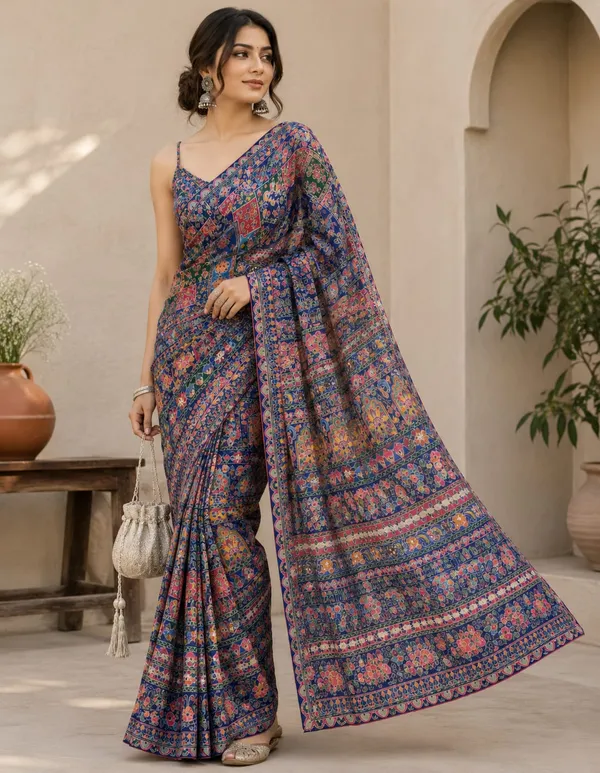 Chitrakala_Chinon_Silk_Saree_With_Mirror_Work_&_Blouse_Piece