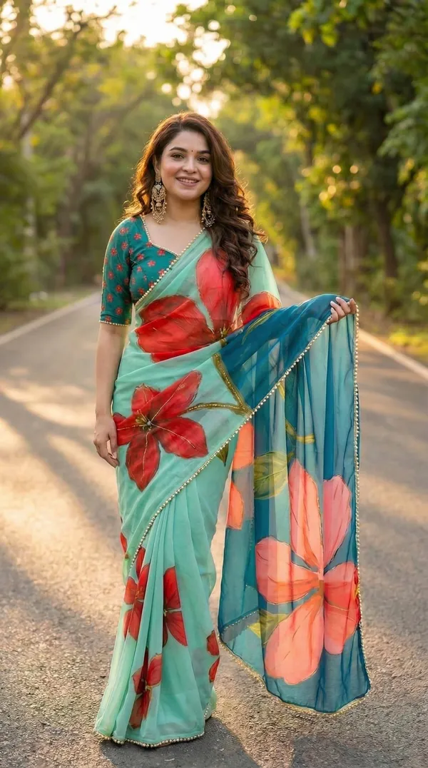 Sea_Green_Georgette_Floral_Print_Hand_Work_Saree_With_Heavy_Border_&_Blouse_Piece