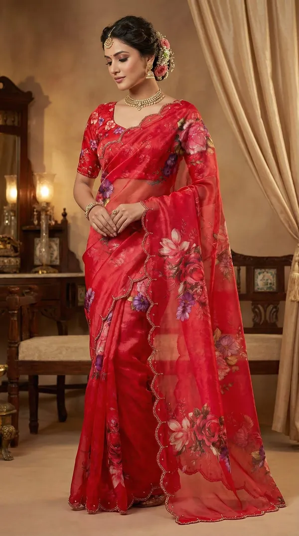 Ruby_Red_Georgette_Floral_Print_Hand_Work_Saree_With_Heavy_Border_&_Blouse_Piece