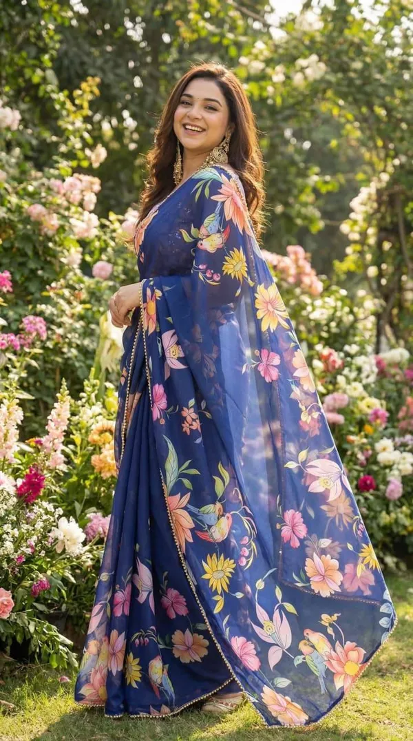 Blue_Floral_Georgette_Saree_With_Heavy_Border_&_Blouse_Piece