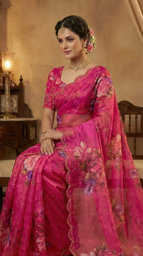 Magenta_Pink_Georgette_Floral_Print_Hand_Work_Saree_With_Heavy_Border_&_Blouse_Piece
