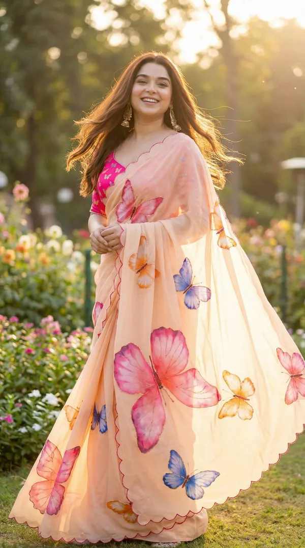 Peach_Butterfly_Print_Georgette_Saree_With_Delicate_Hand_Work_&_Blouse_Piece