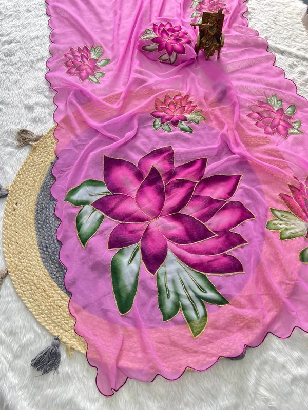 Bubblegum_Pink_Georgette_Saree_With_Delicate_Hand_Work_&_Blouse_Piece