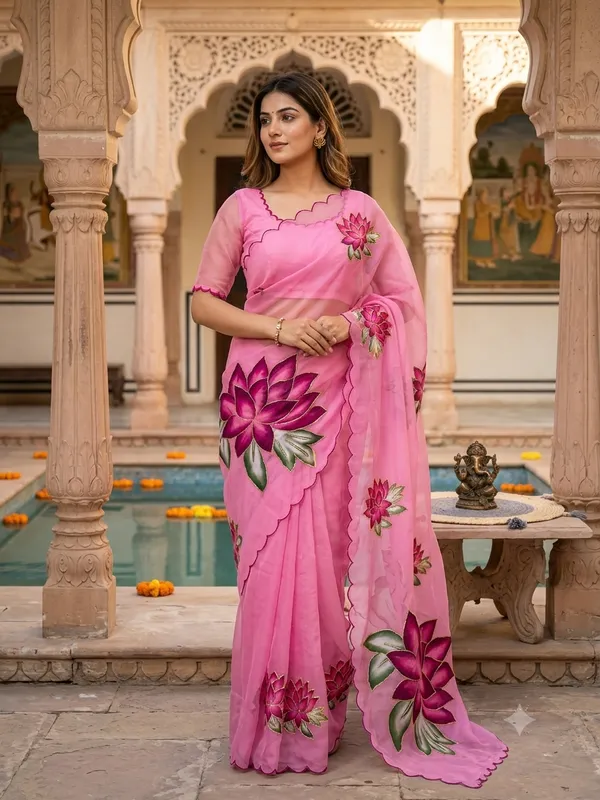 Bubblegum_Pink_Georgette_Saree_With_Delicate_Hand_Work_&_Blouse_Piece