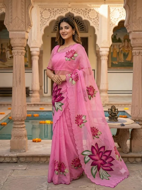 Bubblegum_Pink_Georgette_Saree_With_Delicate_Hand_Work_&_Blouse_Piece