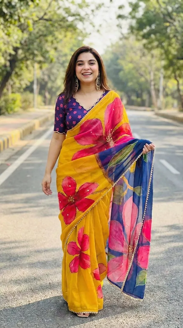 Mustard_Yellow_And_Navy_Blue_Floral_Print_Hand_Work_Saree_With_Heavy_Border_&_Blouse_Piece