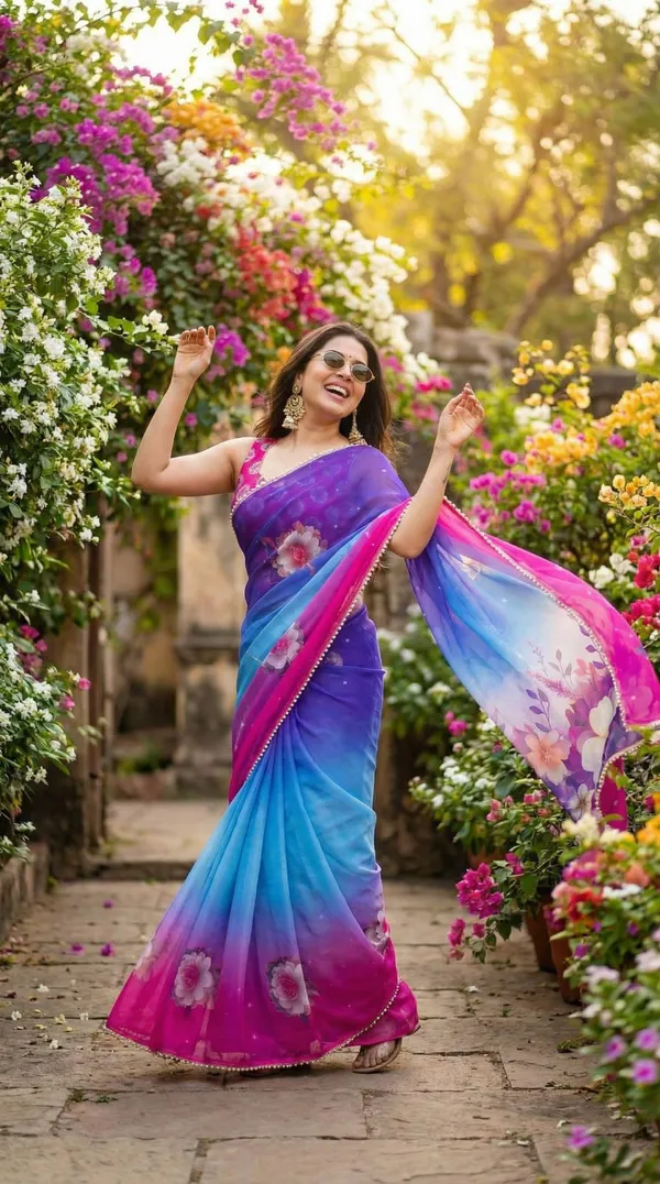 Blue_And_Pink_Gradient_Floral_Georgette_Saree_With_Heavy_Border_&_Blouse_Piece