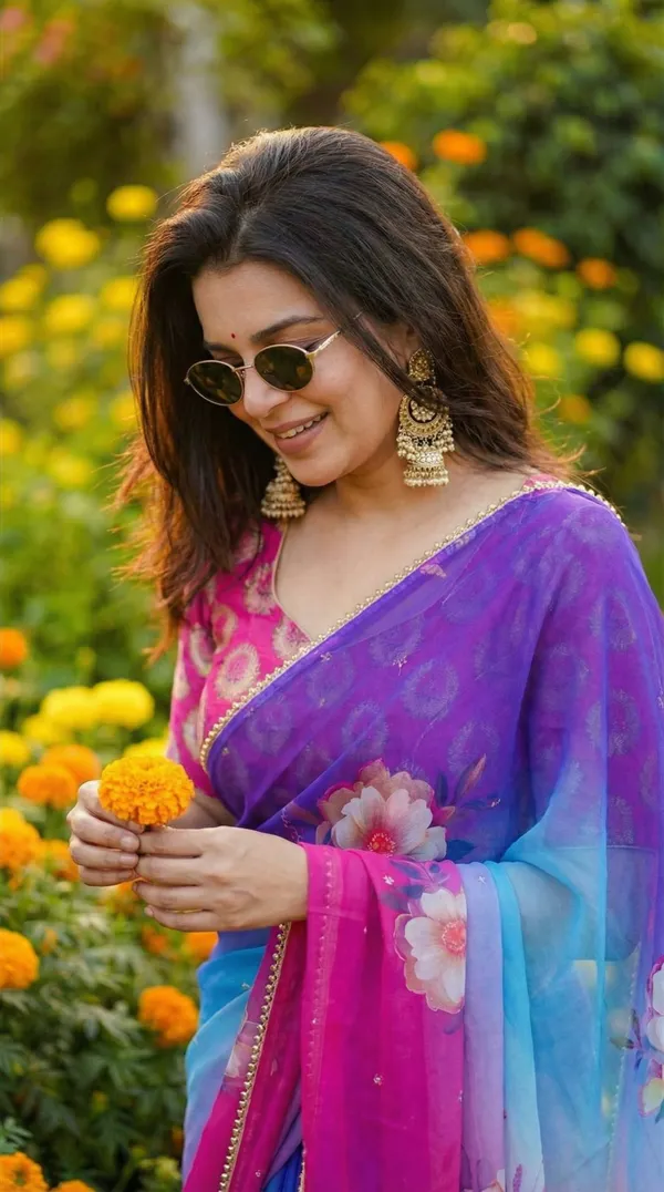 Blue_And_Pink_Gradient_Floral_Georgette_Saree_With_Heavy_Border_&_Blouse_Piece