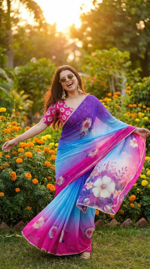 Blue_And_Pink_Gradient_Floral_Georgette_Saree_With_Heavy_Border_&_Blouse_Piece