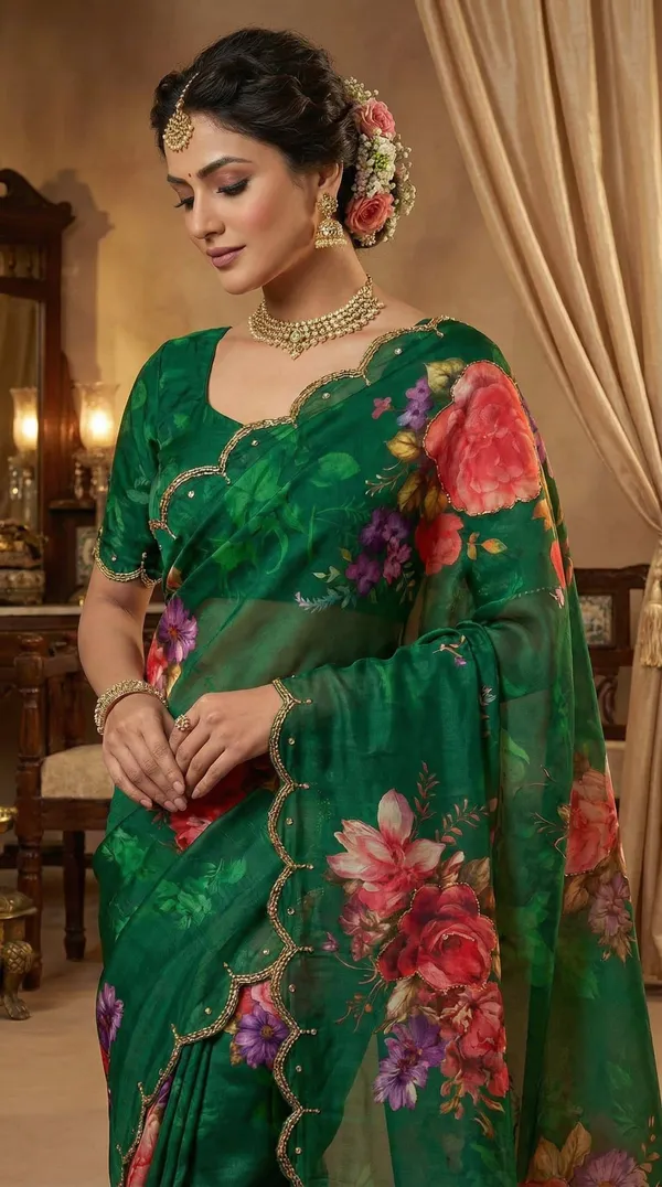 Emerald_Green_Georgette_Floral_Print_Hand_Work_Saree_With_Heavy_Border_&_Blouse_Piece