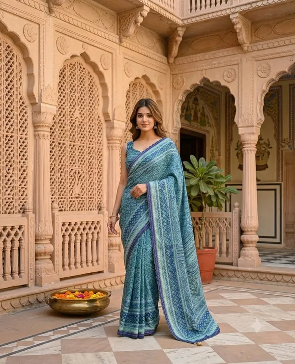 Turquoise_Blue_Chinon_Silk_Saree_With_Mirror_Work_&_Blouse_Piece