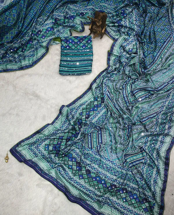 Turquoise_Blue_Chinon_Silk_Saree_With_Mirror_Work_&_Blouse_Piece