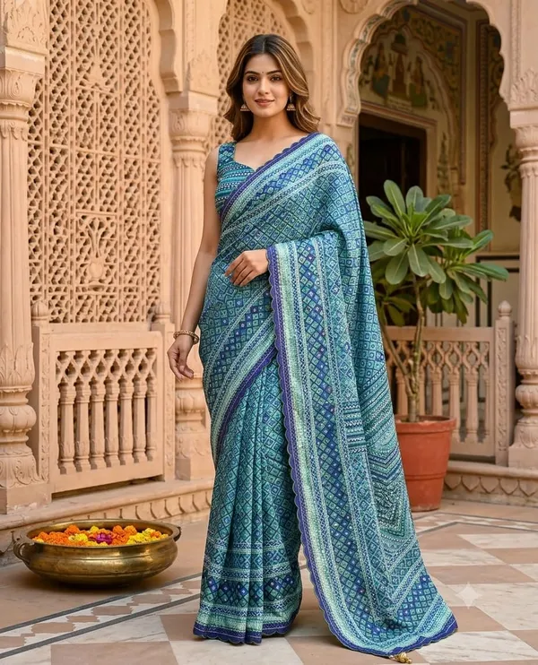 Turquoise_Blue_Chinon_Silk_Saree_With_Mirror_Work_&_Blouse_Piece