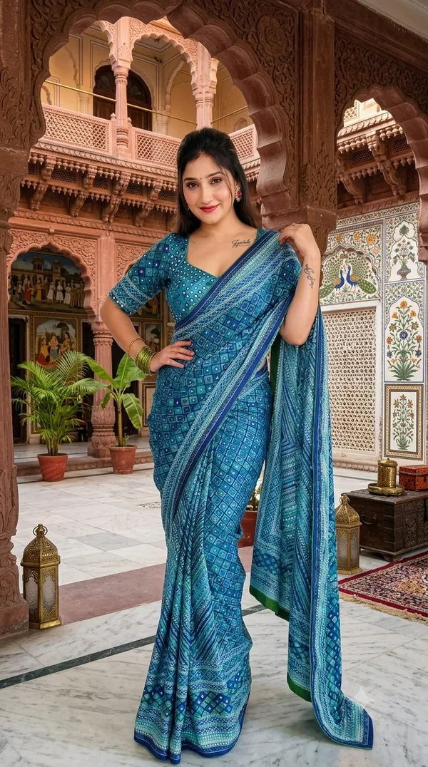 Turquoise_Blue_Chinon_Silk_Saree_With_Mirror_Work_&_Blouse_Piece