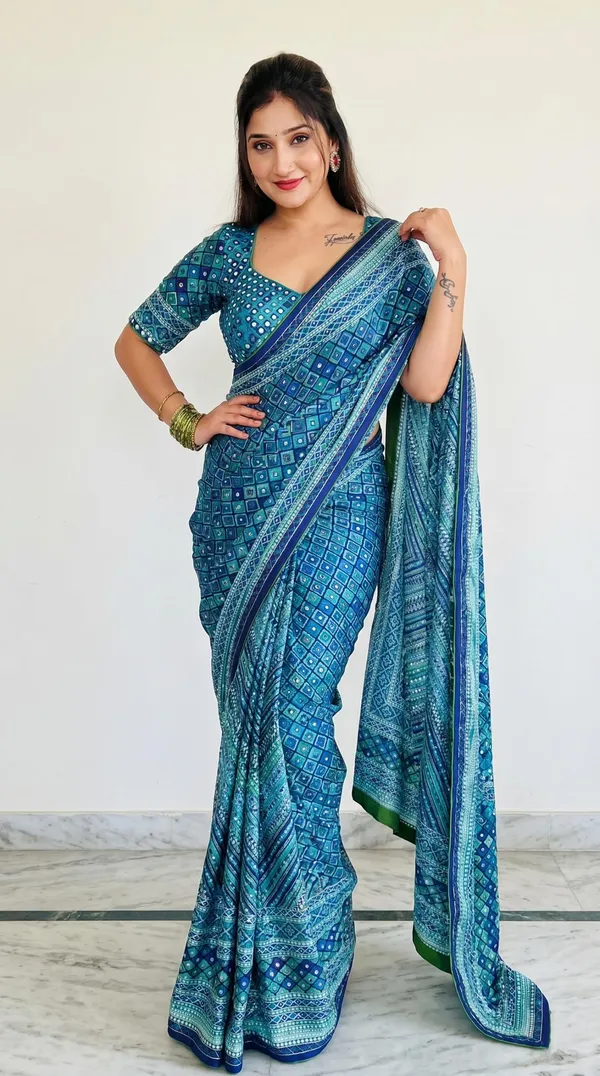 Turquoise_Blue_Chinon_Silk_Saree_With_Mirror_Work_&_Blouse_Piece