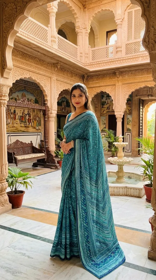 Turquoise_Blue_Chinon_Silk_Saree_With_Mirror_Work_&_Blouse_Piece