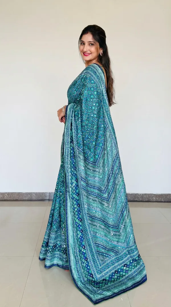 Turquoise_Blue_Chinon_Silk_Saree_With_Mirror_Work_&_Blouse_Piece