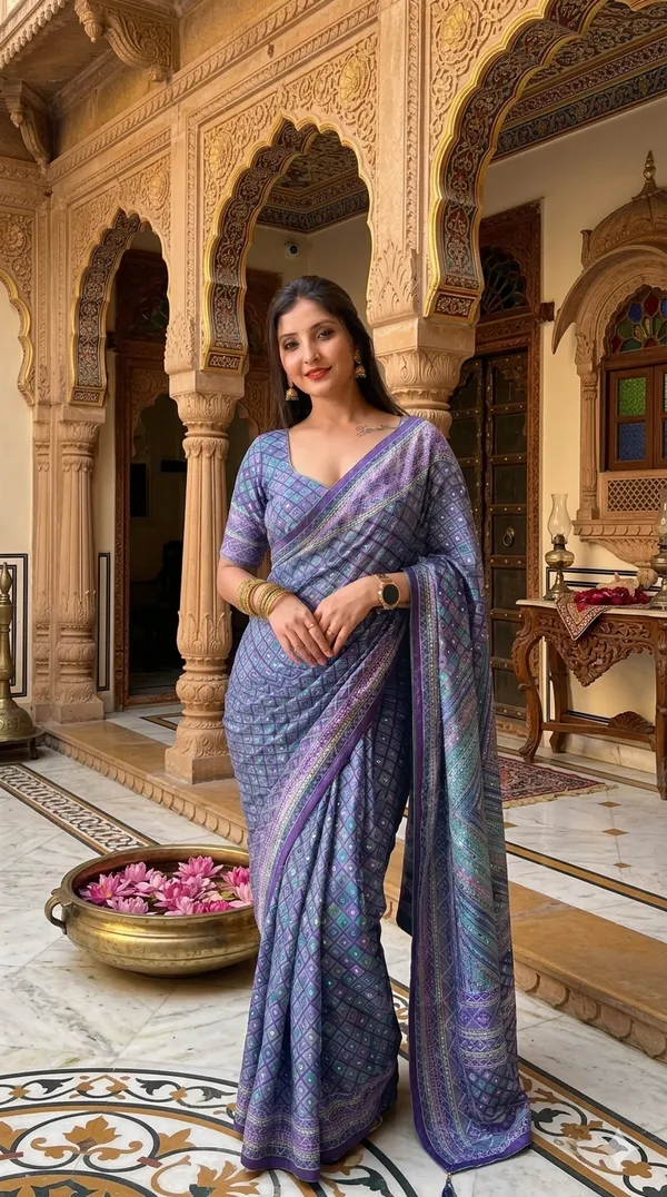 Indigo_Chevron_Chinon_Silk_Saree_With_Mirror_Work_&_Blouse_Piece