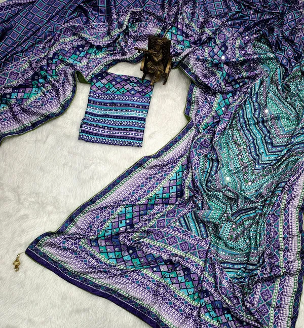 Indigo_Chevron_Chinon_Silk_Saree_With_Mirror_Work_&_Blouse_Piece