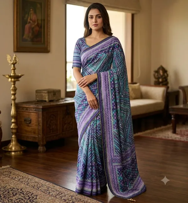 Indigo_Chevron_Chinon_Silk_Saree_With_Mirror_Work_&_Blouse_Piece
