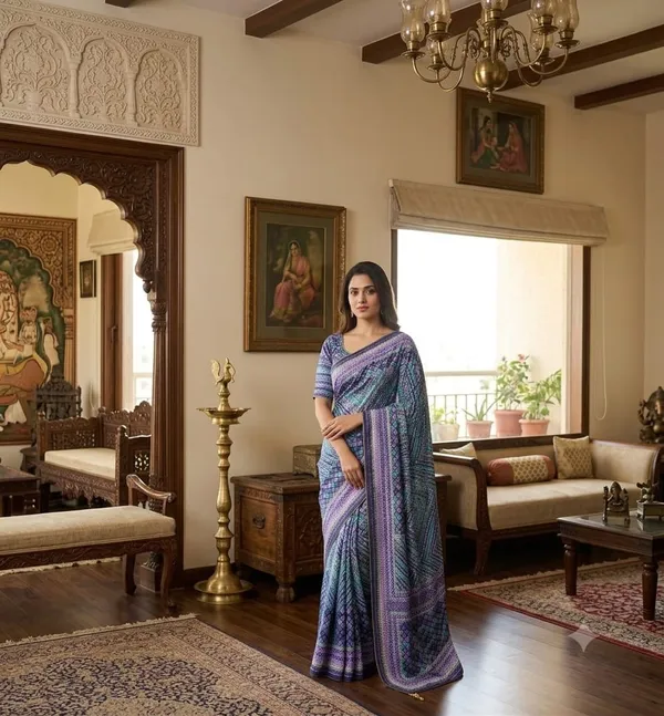 Indigo_Chevron_Chinon_Silk_Saree_With_Mirror_Work_&_Blouse_Piece
