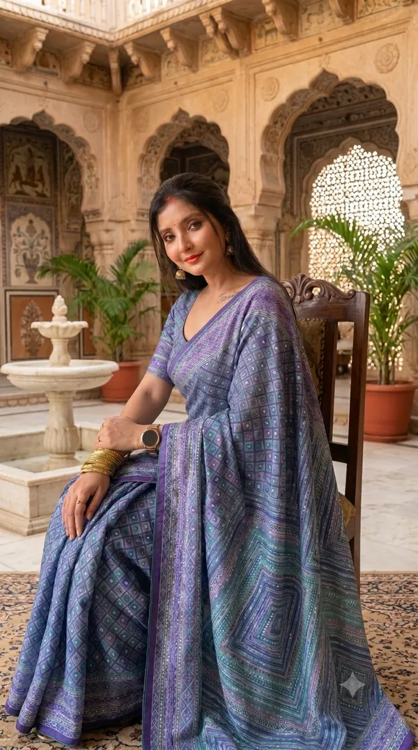 Indigo_Chevron_Chinon_Silk_Saree_With_Mirror_Work_&_Blouse_Piece