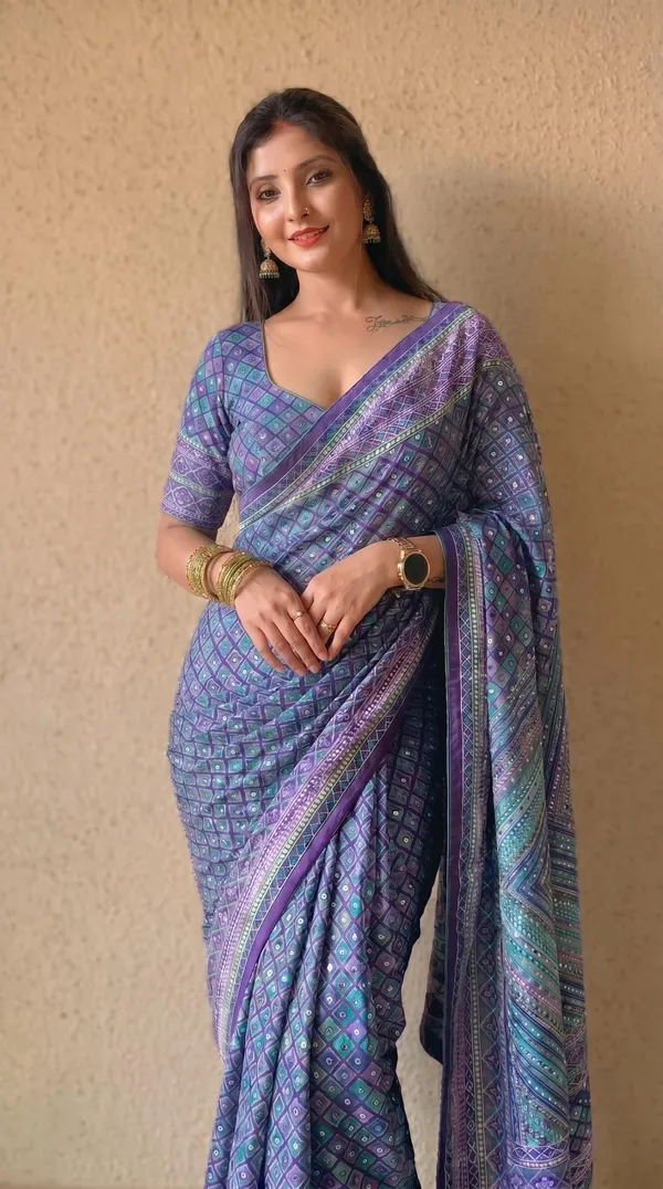 Indigo_Chevron_Chinon_Silk_Saree_With_Mirror_Work_&_Blouse_Piece