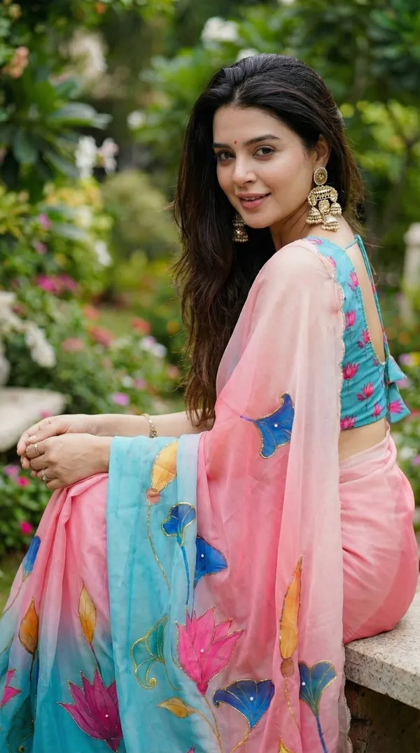 Lotus_Pink_And_Blue_Floral_Georgette_Saree_With_Delicate_Hand_Work_&_Blouse_Piece