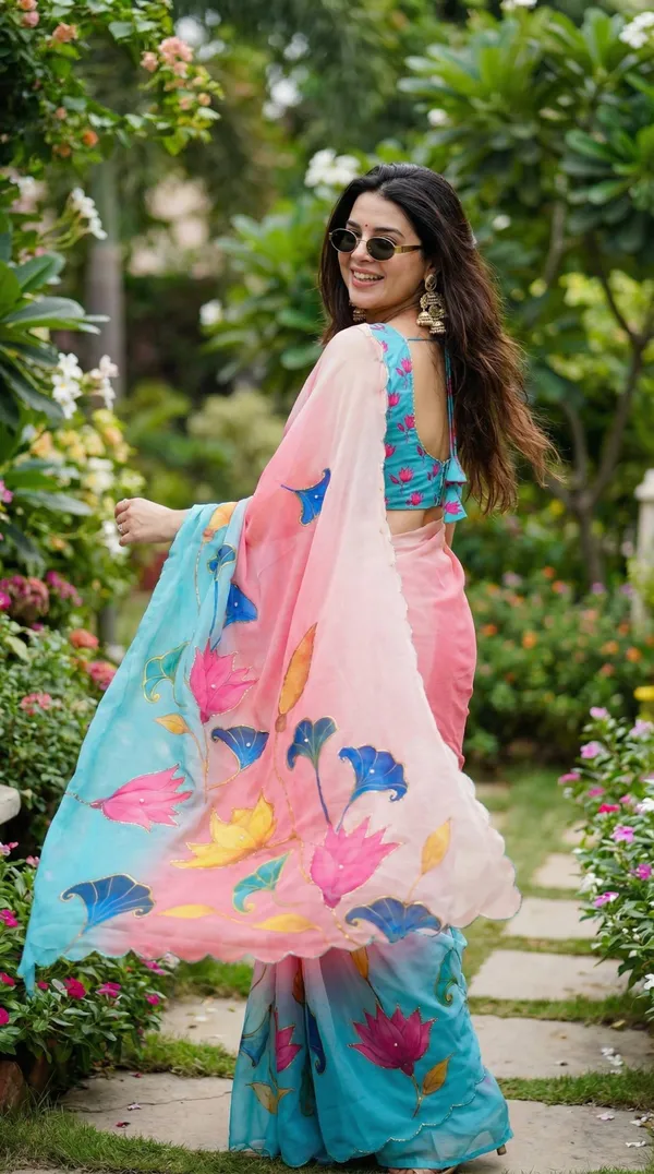 Lotus_Pink_And_Blue_Floral_Georgette_Saree_With_Delicate_Hand_Work_&_Blouse_Piece